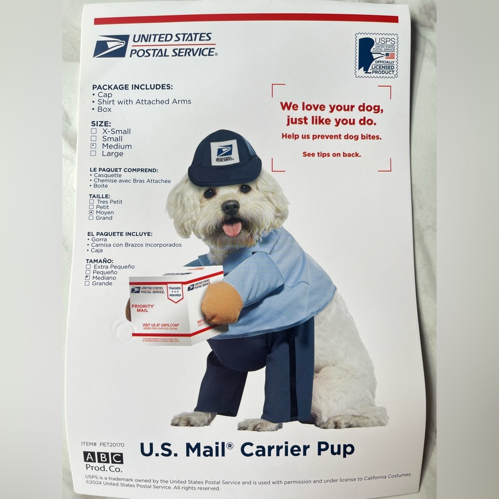 USPS Mailman Postal Worker Dog Halloween Costume Medium